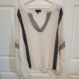 Lane Bryant 22/24 plus size sheer cream long sleeve black embroidered top blouse